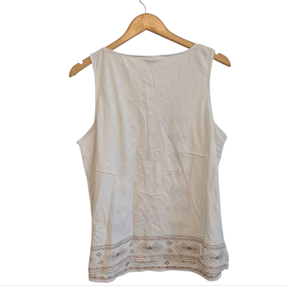 J.JILL Embroidered Sleeveless Top Aztec White Brown Split Neck Cotton Top Large - Picture 5 of 9